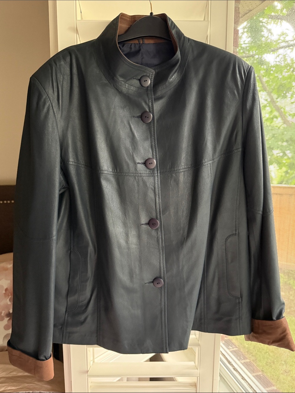 Classic Navy & Tan Leather Button-Front Jacket with Stand Collar